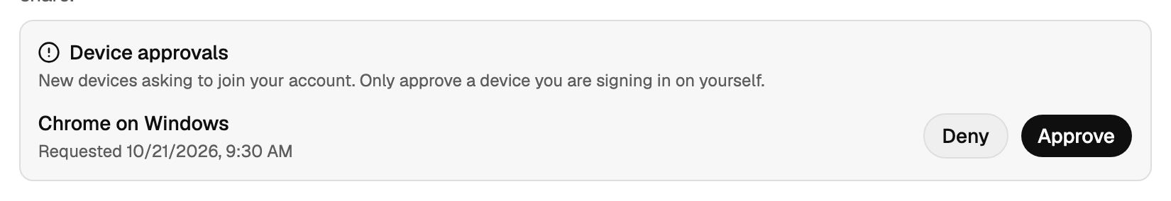 The Device approvals card showing the phone's request