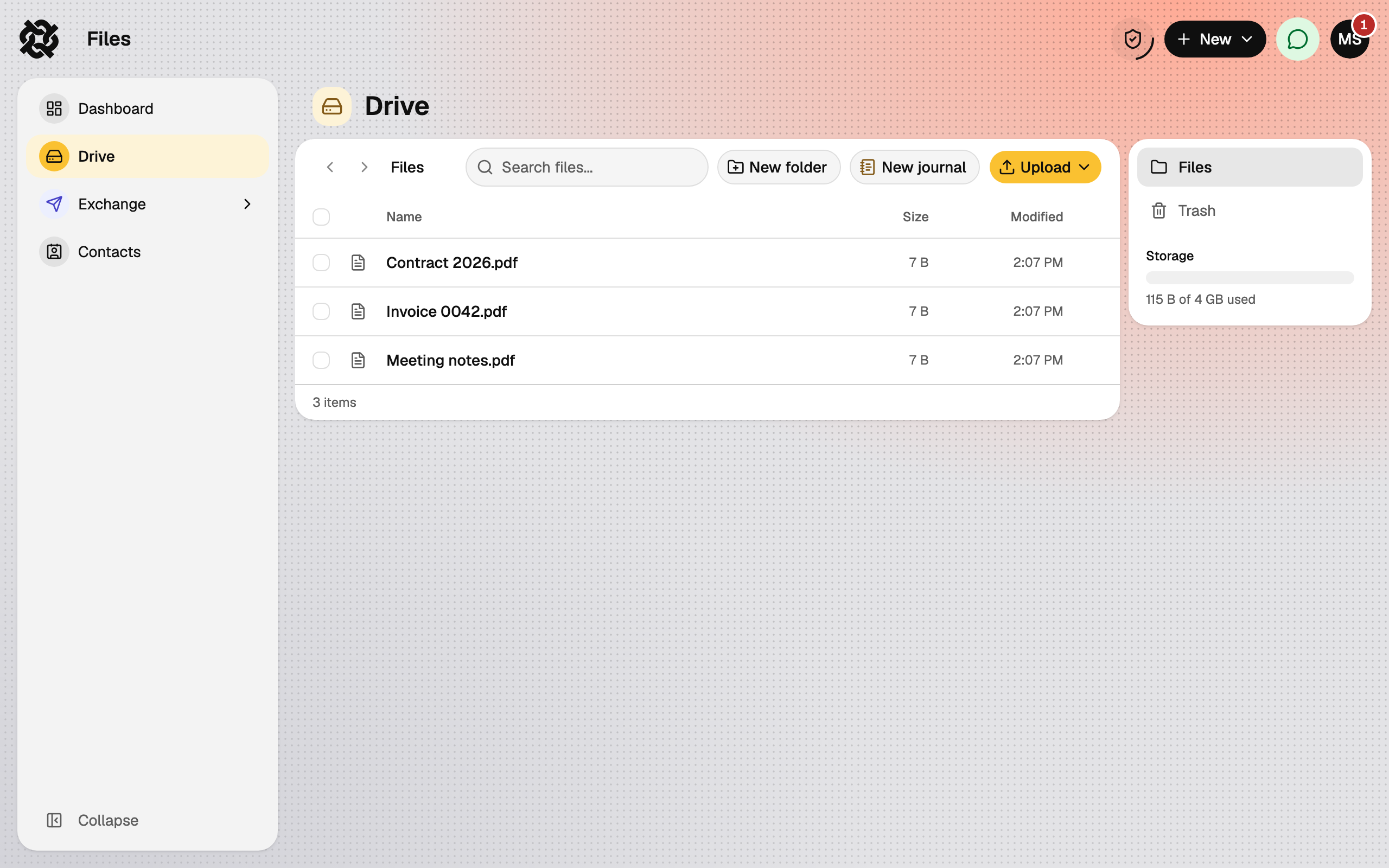 Drive with three uploaded files, the Upload button and the storage meter