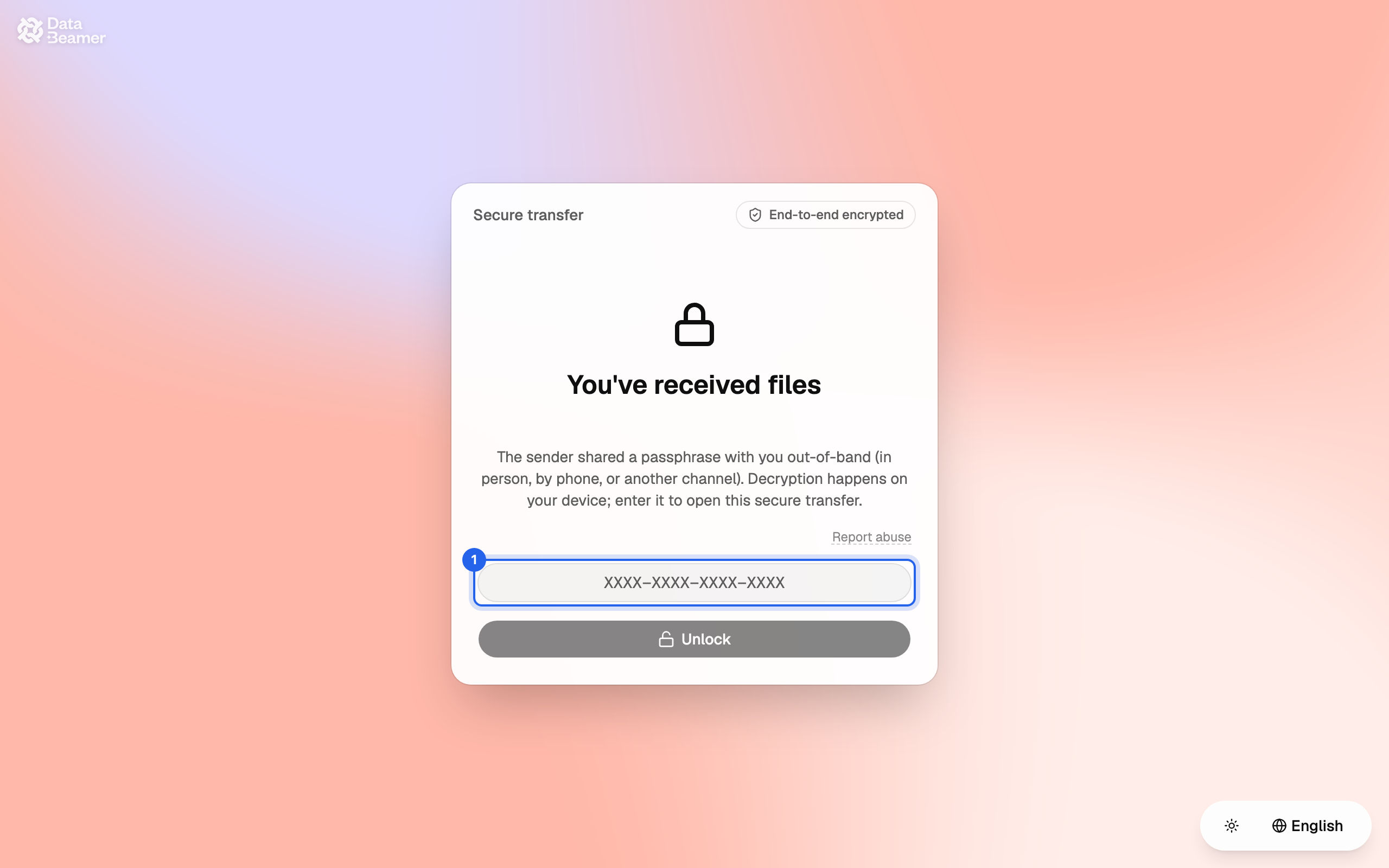 The Secure transfer page with the passphrase field