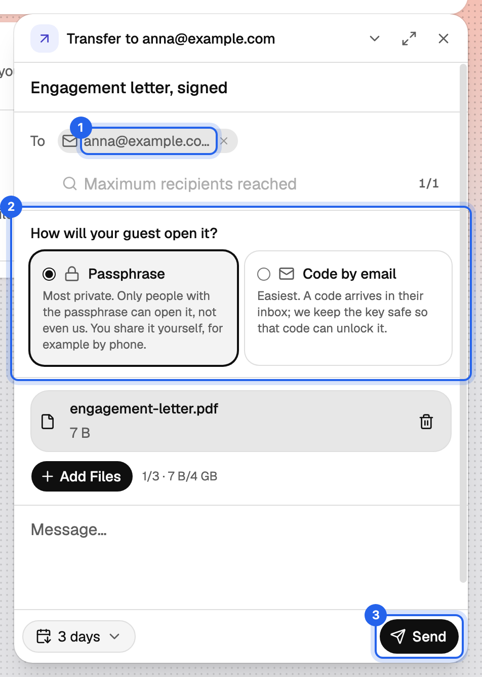 The New Transfer window with a guest recipient and the passphrase option selected