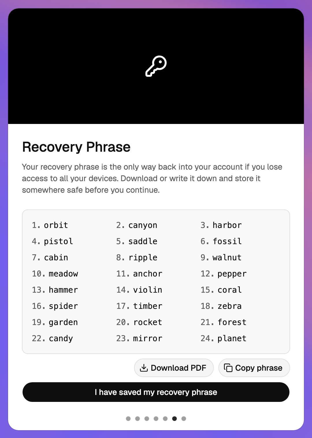 The recovery phrase step with its 24 numbered words