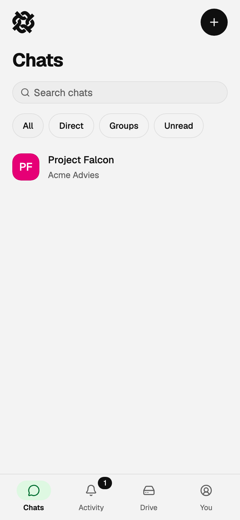 The phone layout with the Chats, Activity, Drive and You tabs