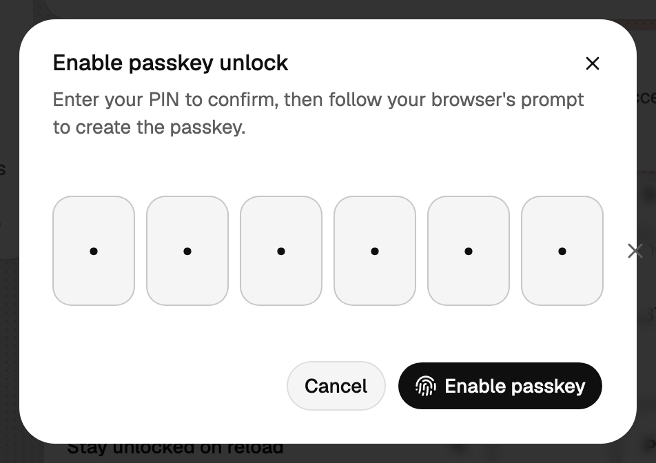 The Enable passkey unlock dialog asking for the PIN