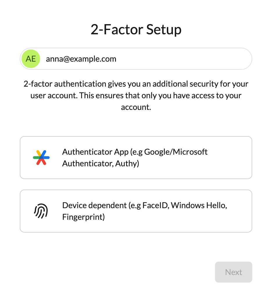 The 2-Factor Setup page with the choice between an authenticator app and a device-bound confirmation
