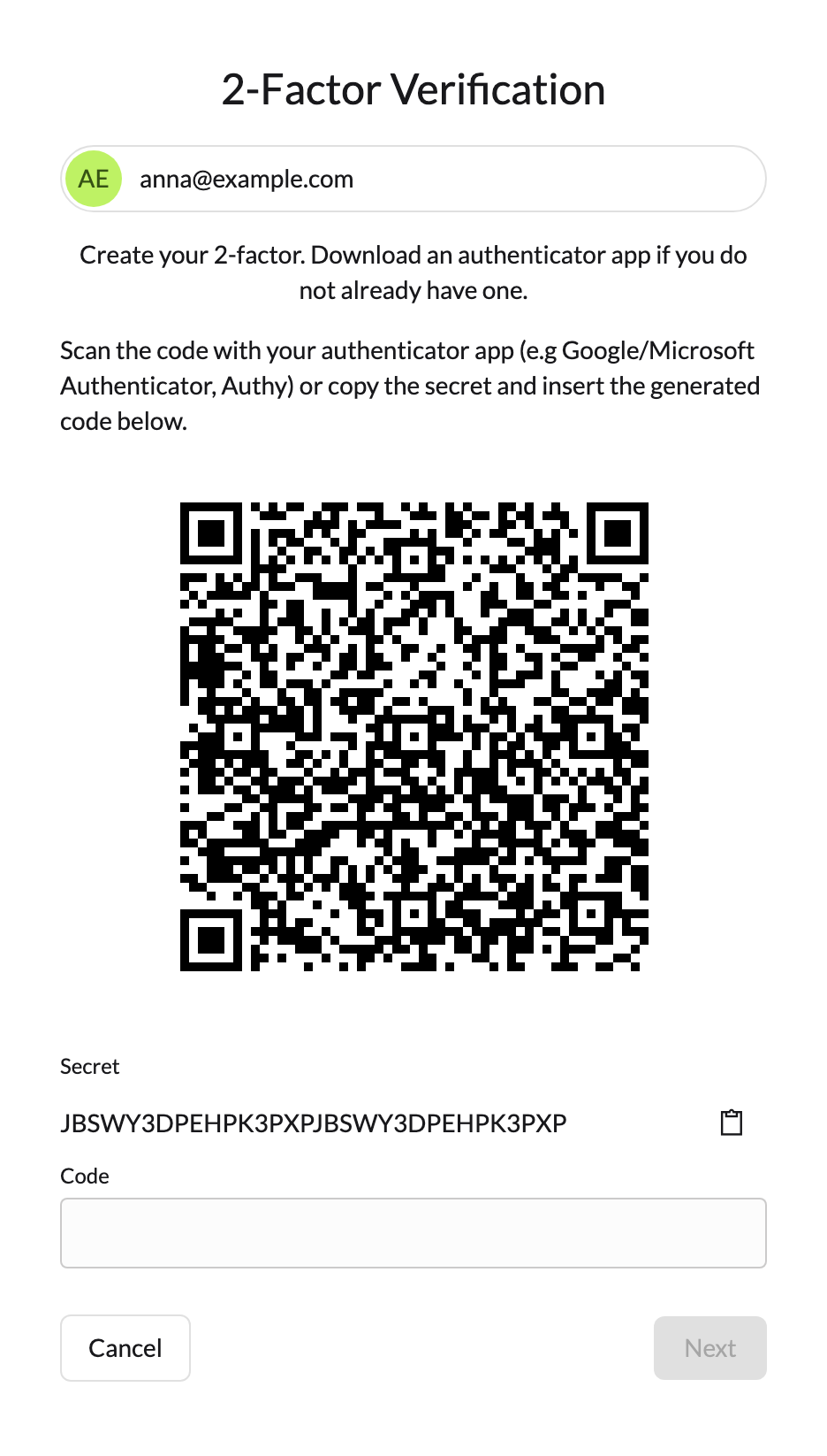 The 2-Factor Verification page with the QR code, the secret and the code field