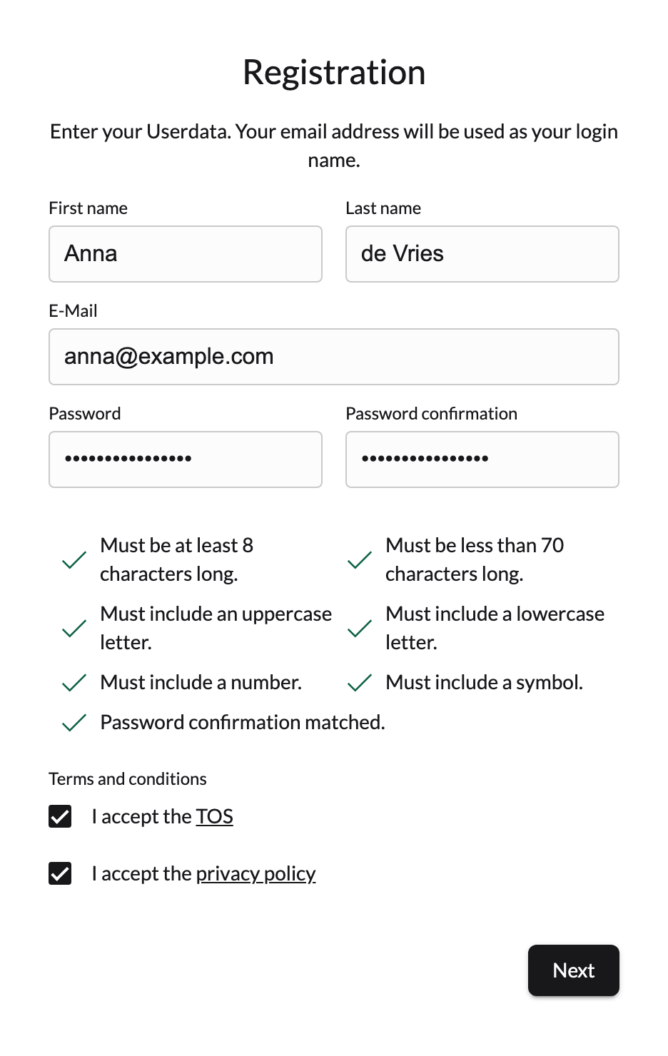 The registration form, filled in