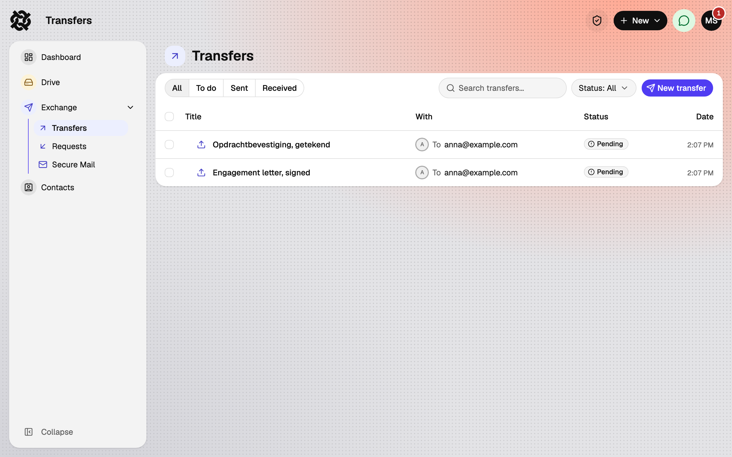 The Transfers overview with the Received, Sent and Sent to self tabs