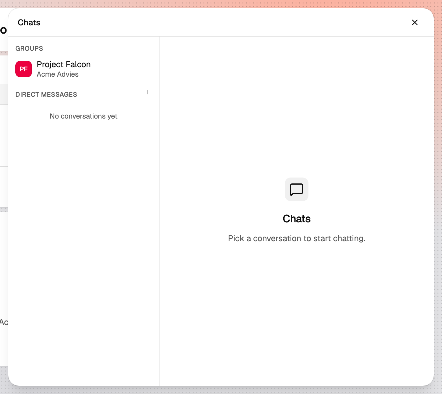 The Chats window with the conversation list on the left and an empty thread on the right