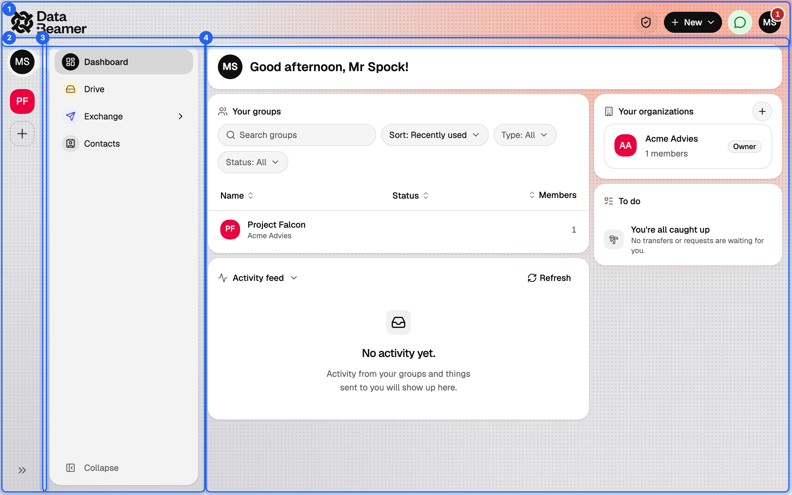 The desktop layout with the top bar, the groups rail, the sidebar and the content area marked