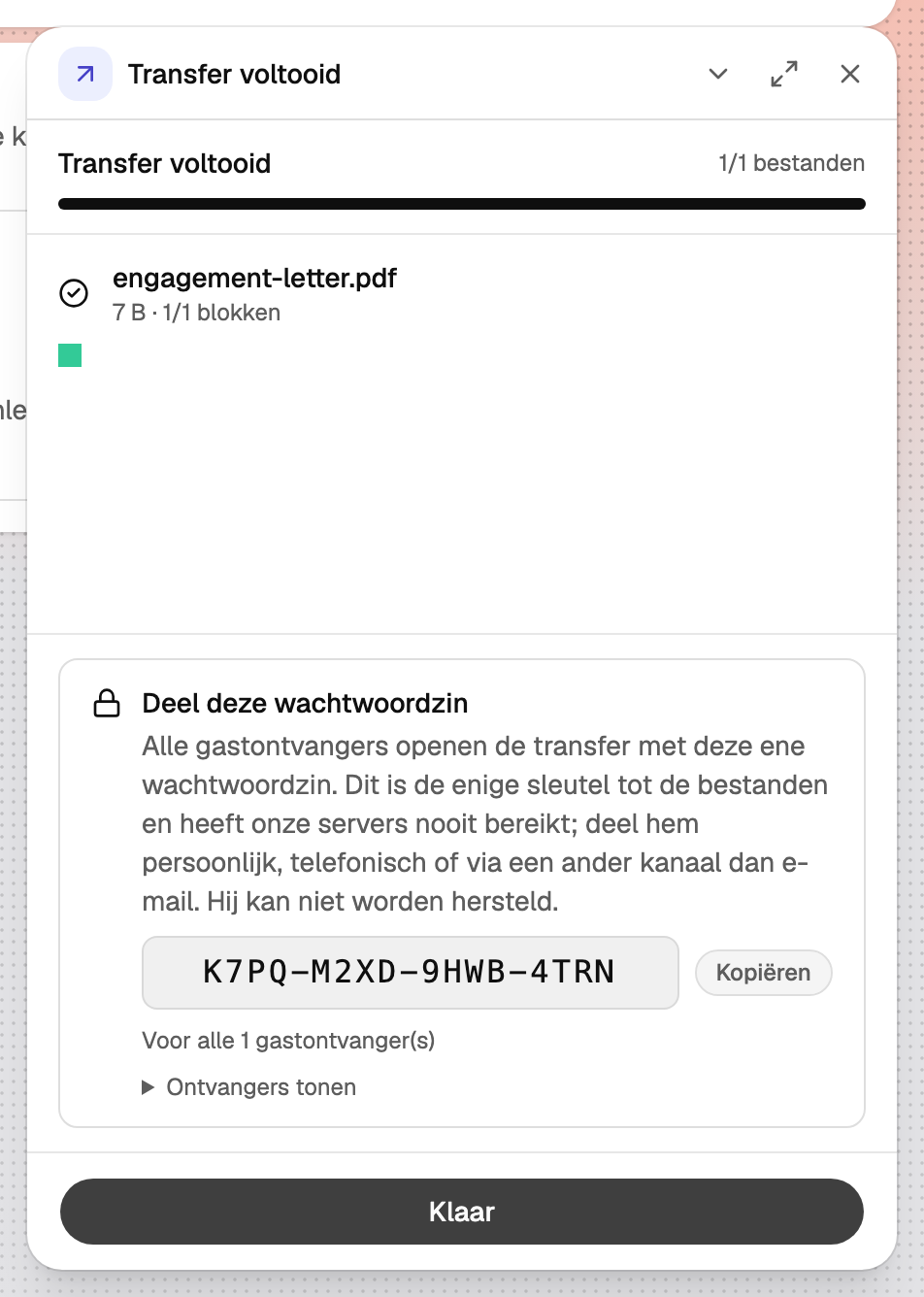 Het paneel Deel deze wachtwoordzin na het versturen