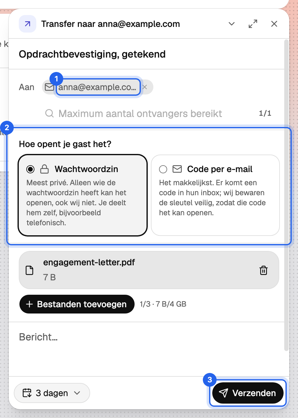 Het venster Nieuwe Transfer met een gast als ontvanger en de optie Wachtwoordzin geselecteerd