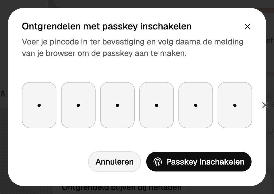 Het venster Ontgrendelen met passkey inschakelen, dat om de pincode vraagt