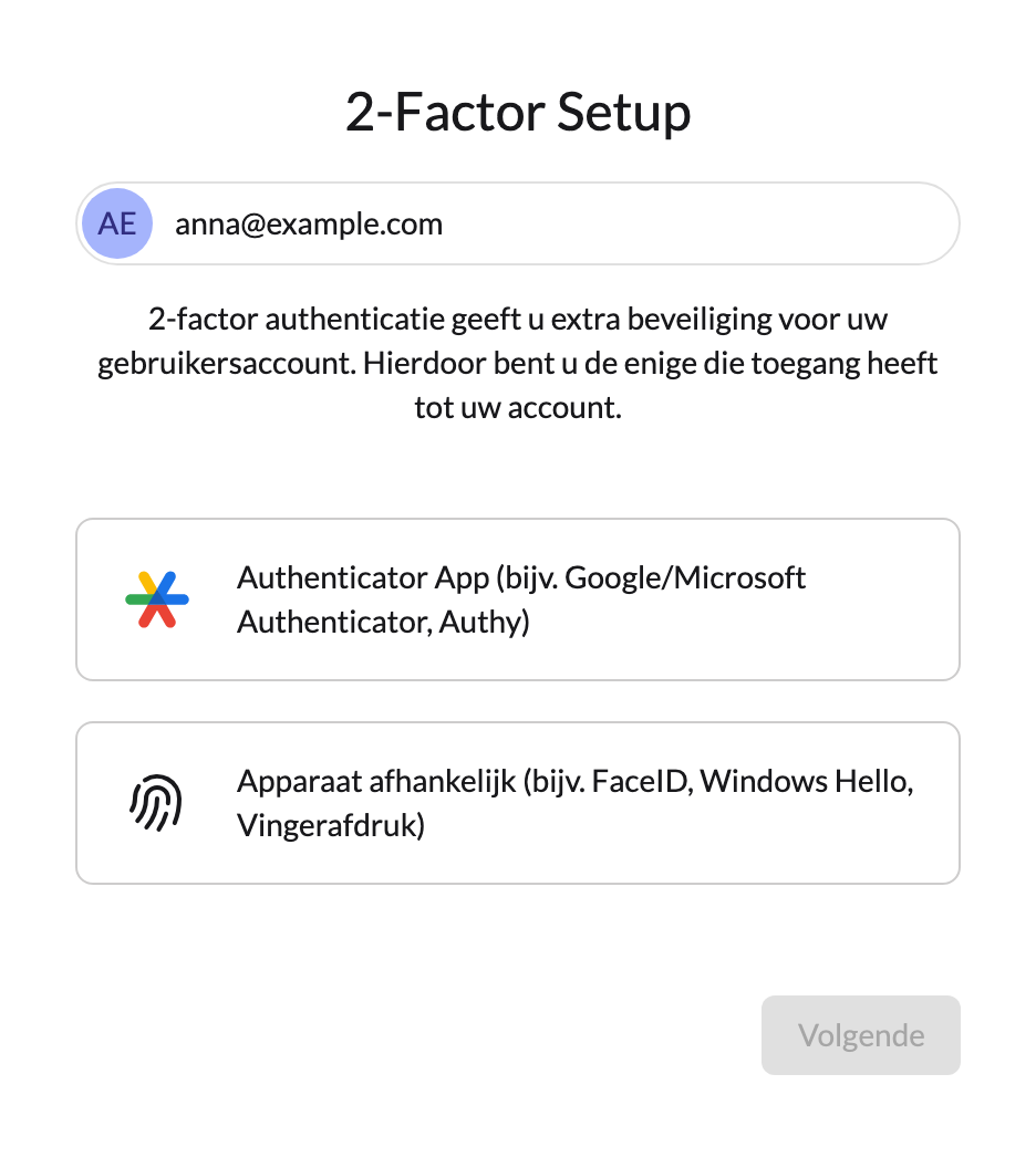 De pagina 2-Factor Setup met de keuze tussen een authenticator-app en een apparaatgebonden bevestiging