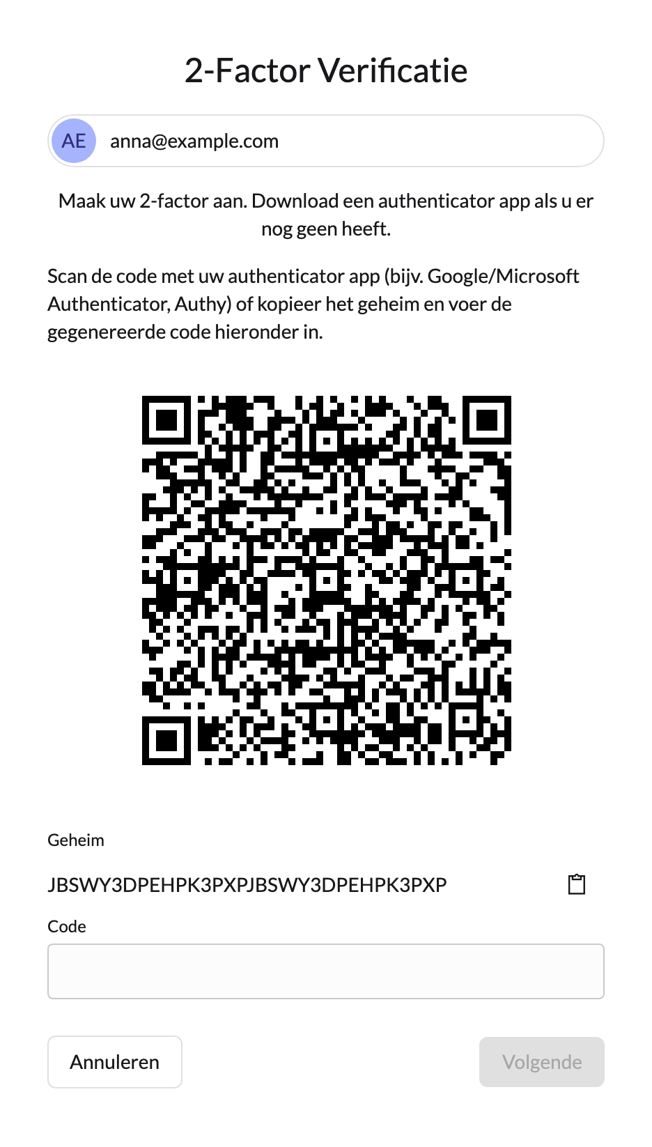 De pagina 2-Factor Verificatie met de QR-code, het geheim en het codeveld