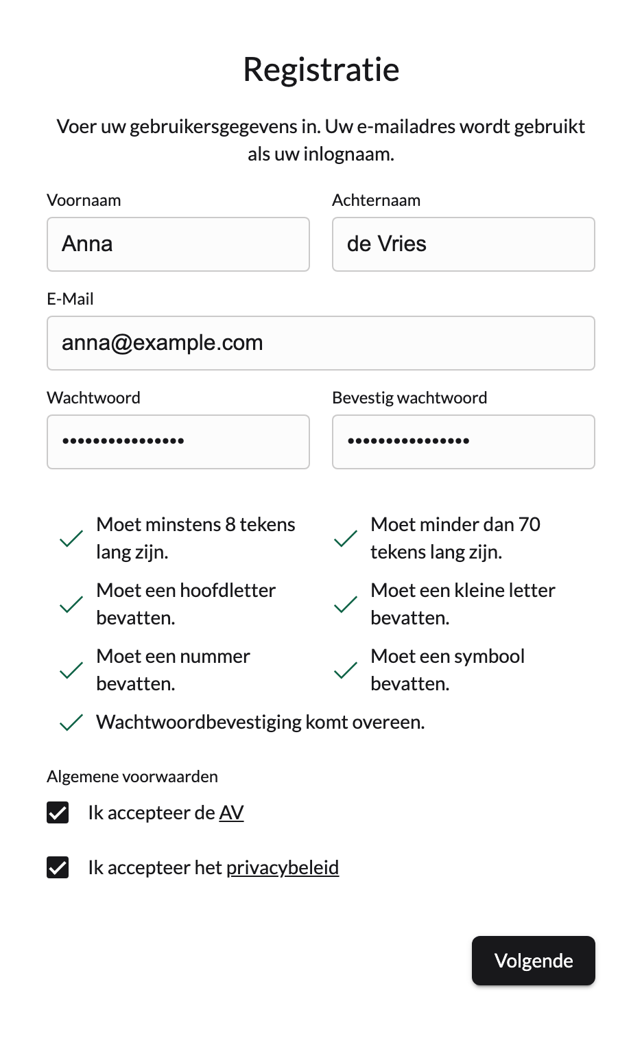 Het ingevulde registratieformulier