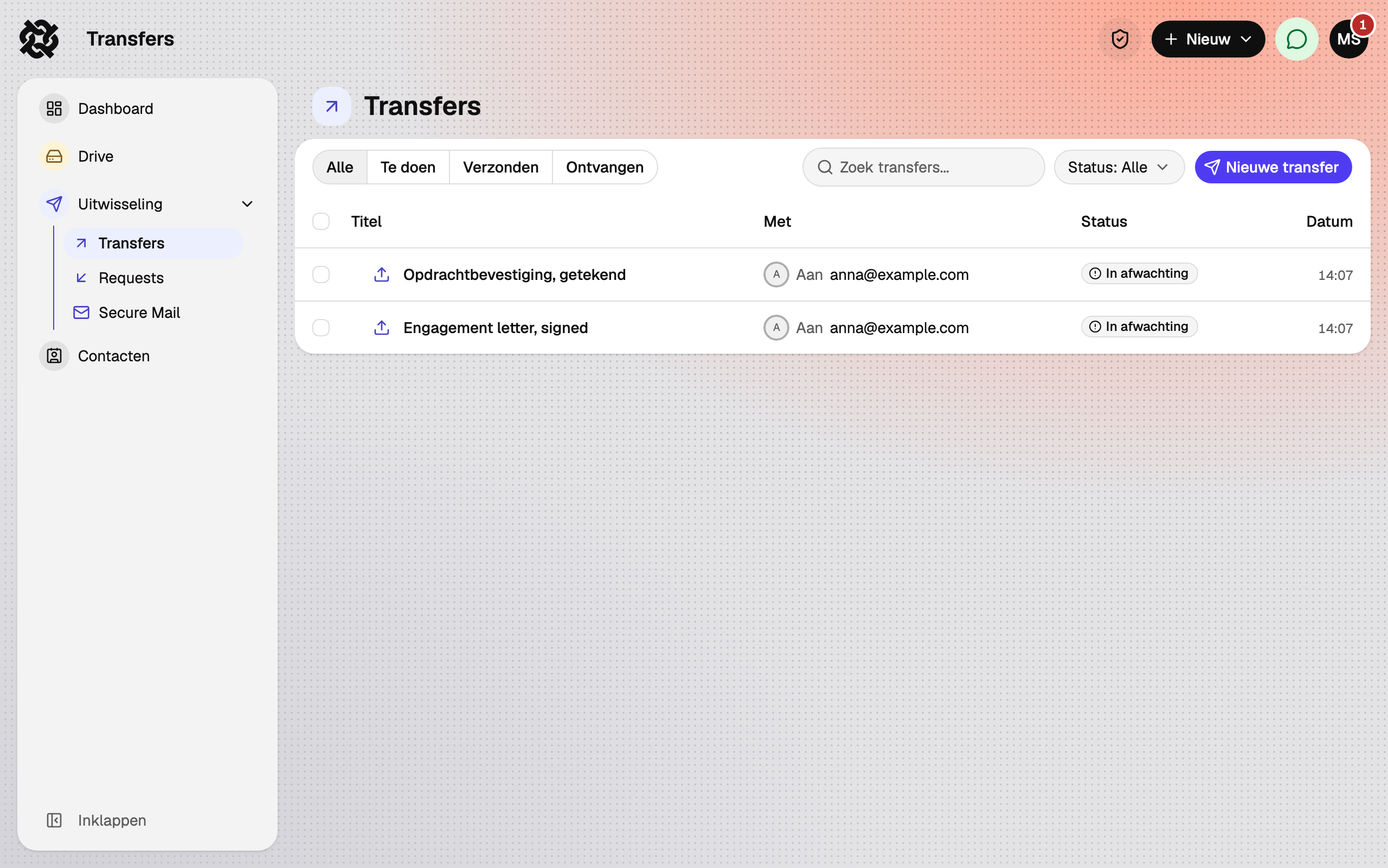Het overzicht Transfers met de tabbladen Ontvangen, Verstuurd en Naar mezelf